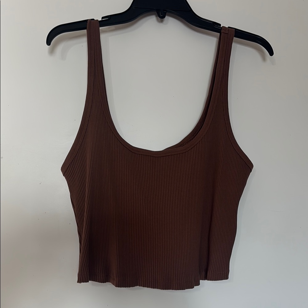 Brown Ribbed Crop Tank Top